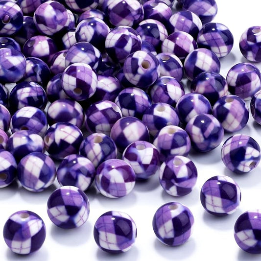 100 PCS 10mm Resin Beads Bulk for Bracelet Making Kit, Purple and White Grid Printed Round Loose Beads for Jewelry Earring Necklace Rings Art Craft DIY Projects