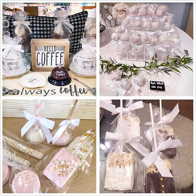 50 Pieces White Bow Twist Ties for Bags, Satin Twist Tie Bows for Cake Pops, Twist Bows for Treats, Pre Tied Bows for Gifts Wrapping, Ribbon Bows, Pretied Bows for Christmas Gift Wrap Bows