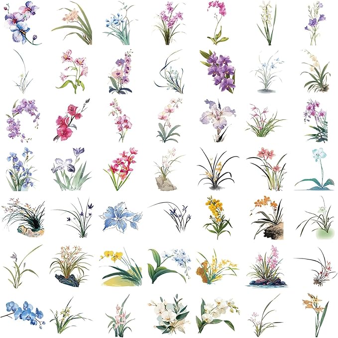 Flower Sticker,50 Pcs Waterproof Transparent Wildflower Stickers for Water Bottles, Laptop, Notebook,Scrapbooks, Journals, Planners, DIY Decoration - Assorted Floral Designs