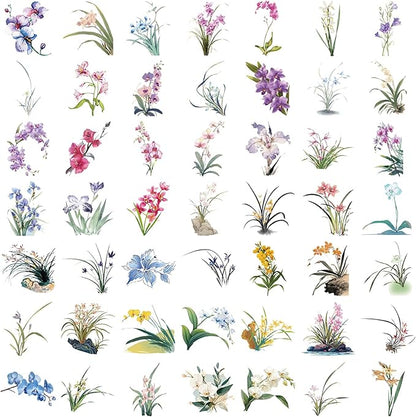 Flower Sticker,50 Pcs Waterproof Transparent Wildflower Stickers for Water Bottles, Laptop, Notebook,Scrapbooks, Journals, Planners, DIY Decoration - Assorted Floral Designs