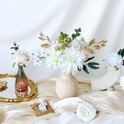 Ivory White Artificial Flowers Combo Box Set Silk Dahlia Roses Gold Leaves Stems DIY Bridal Wedding Bouquets Cake Boho Fake Floral Arrangements Baby Shower Party Table Centerpieces Home Decor Bulks