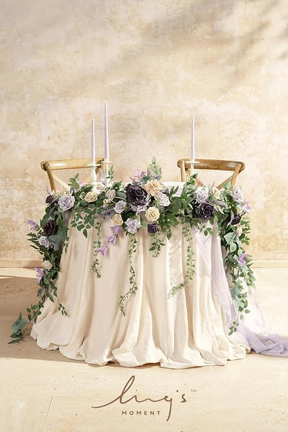 Ling's moment 9FT Eucalyptus and Willow Leaf Garland with White Flower, Handcrafted Wedding Sweetheart Table Centerpieces Head Table Decor Arch Backdrop Decorations for Wedding | Lavender Purple