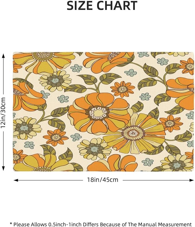 Vintage Floral Placemats, Orange 70s Rustic Natural Hippy Boho Floral Plant Print Washable Fabric Placemats Table Kitchen Dining Party 12x18 Inch Set of 6