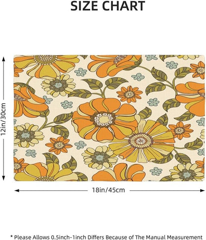 Vintage Floral Placemats, Orange 70s Rustic Natural Hippy Boho Floral Plant Print Washable Fabric Placemats Table Kitchen Dining Party 12x18 Inch Set of 6