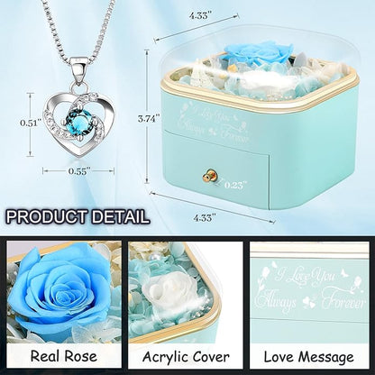 Preserved Roses Jewelry Box with Heart Necklace - Eternal Rose & ‘I Love You Always & Forever’ Engraving - Luxury Gift for Mom, Wife, or Grandma on Mother’s Day