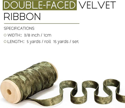 Velvet Green Ribbon Double-Sided Handmade Glossy Fabric Trim Wooden Spool Thin Ribbons for Christmas Tree Gift Wrapping Crafts Wedding Flower Bouquet 3/8 inch x 5YD 3 Rolls
