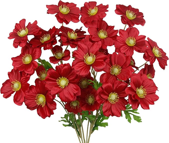 5 Pcs Artificial Flowers with Stems Faux Daisy Flowers Bouquet Red Gardenia Silk Flowers for Home Decor Indoor Vase Outdoors Balcony Table Centerpiece Outside Floral Arrangements Wedding