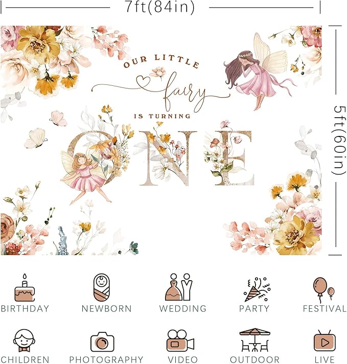 Floral Fairy 1st Birthday Backdrop for Photography Flowers Fairy Tale Tea Wonderland Princess Girl Happy First Birthday Party Background Decoration Banner Supplies Photo Booth Props 7x5ft