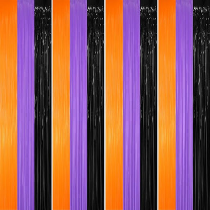 GOER 3.2 ft x 8.2 ft Metallic Tinsel Foil Fringe Party Backdrop for Halloween Birthday Graduation New Year's Party Decorations(4 Packs,Black&Orange&Purple)
