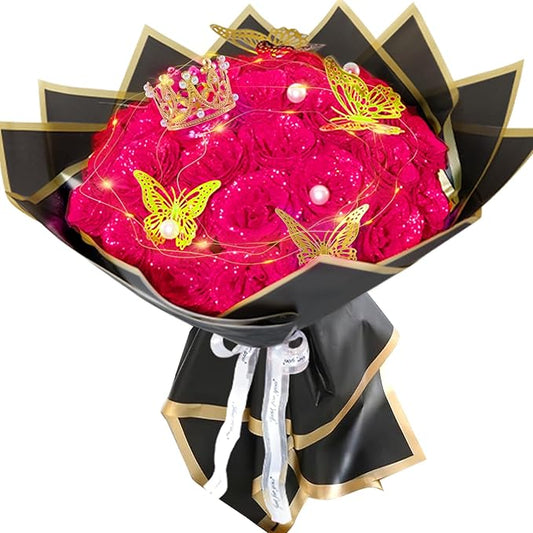 Rose Pink Glitter Roses Bouquet, 24 Pcs Shiny Glitter Flowers Bouquet, Everlasting DIY Artificial Roses Bouquet for Christmas, Birthday, Anniversary, Wedding, Engagement