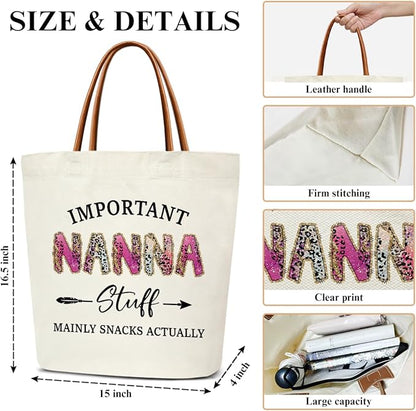 Canvas Tote Bag for Women, Important Stuff Bag with Leather Handle, Reusable Grocery Bags for Shopping Beach Travel