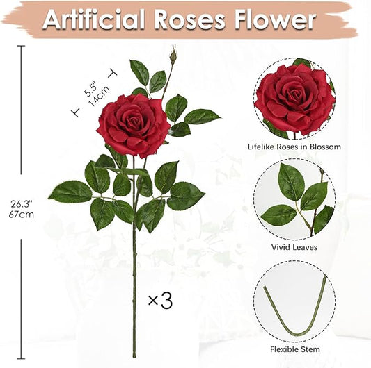 Hollyone 3Pcs Red Roses Artificial Flowers Bouquets 26.3" Fake Flower Arrangements Silk Flowers Rose with Long Stem Floral Branch Faux Roses Flowers DIY Wedding Party Table Centerpieces Home Decor