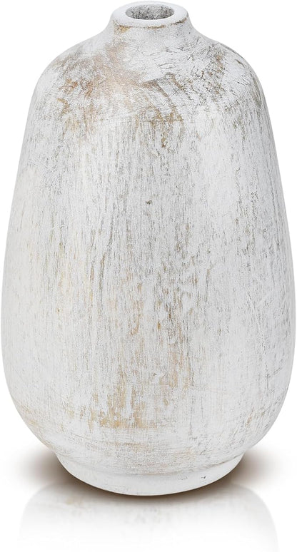 AeraVida Rustic Oval White Mango Wood Flower 6" Vase | Handmade Minimalist Table Decor | Natural Wooden Bottle Vase for Dried & Artificial Flowers | Boho Chic Home Office Kitchen Wedding Decoration
