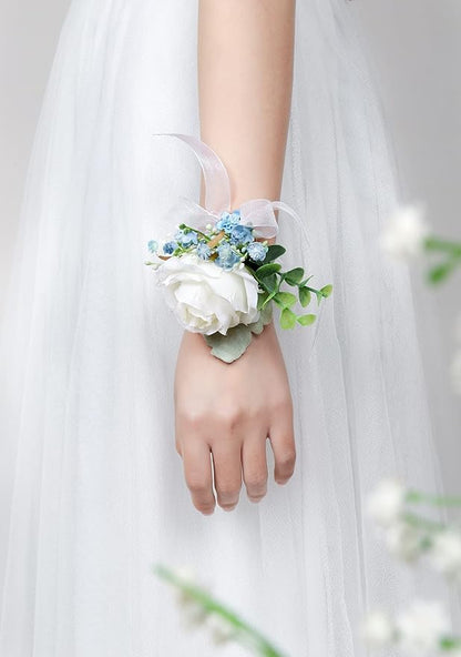 White& Blue Rose Wrist Corsages Wristlet Band Bracelet for Wedding Set of 6 Ivory Eucalyptus Wrist Flower Wristband Hand Flower for Bride, Bridesmaid, Mother of Bride, Prom Party