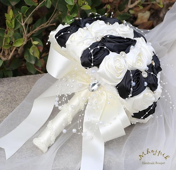 Bridal Wedding Bouquet Round Bling Brooch Bouquet Throw Toss Artificial Rose Flower Bunch for Bride Bridesmaid Wedding Quinceanera(Black & Ivory, 8.7")