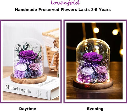 Flowers for Delivery Preserved Rose Gifts for Women,Long-Lasting Real Flowers in Glass Dome, Birthday Gifts for Women Mom Friend(Purple Rose)