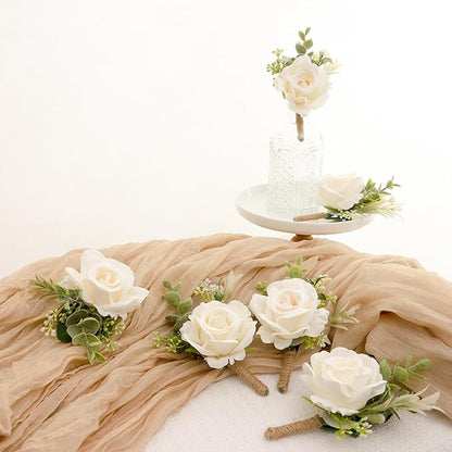Ivory Rose Boutonniere for Men Wedding Set of 6 Groom Groomsmen Best Man Artificial Flowers Boutonniere for Wedding Ceremony Anniversary Prom Flowers Formal Dinner Party (6, White, Middle)
