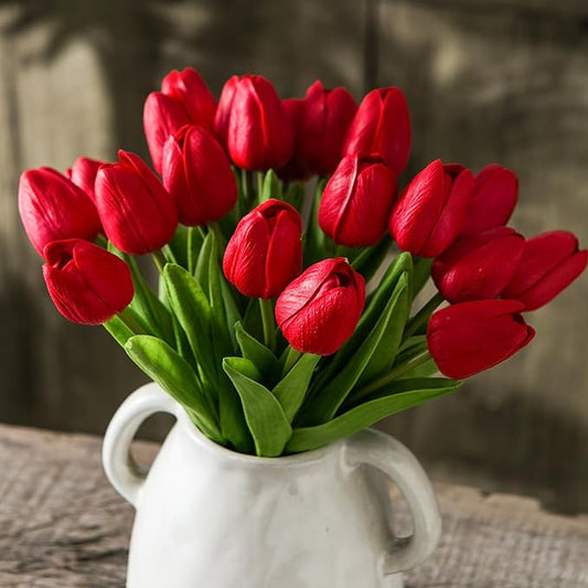 20pcs Red Artificial Tulip Flowers, Silk Fake Flowers 13" for Mother's Day, Easter, Valentine’s Day Gifts in Bulk, Home, Kitchen, Wedding Decorations