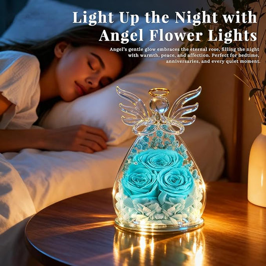 Beferr Christmas Birthday Gifts for Women, Mom Gifts for Christmas Fresh Flowers for Delivery Prime Forever Preserved Rose in Glass Angel Figurine Xmas Gifts for Grandma Wife Sister Her, TBlue