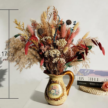 Natural Dried Pampas Grass Bouquet,17" Natural Dried Flower Bouquet，Pampas Grass Silver Dollar Leaf Decoration， Bohemian Style Family Wedding Country Farmhouse Decorated with Dried Flowers