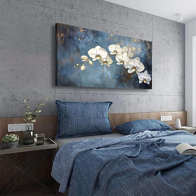 Abstract White Butterfly Orchid Canvas Wall Art for Living room Office Bedroom Flowers Wall Art Print Oil Paintings Modern Blue Gold Rain Mist Pictures Wall Decor Artwork Ready to Hang - 20in * 40inch