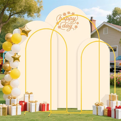 Party Arch Backdrop Stand and Cover Set of 3 (6FT, 5FT, 4FT) Metal Arch Frame Balloon Party Backdrop Arches Stand with Beige Arched Covers Stretchy Backdrops for Baby Shower Birthday Ceremony Decor