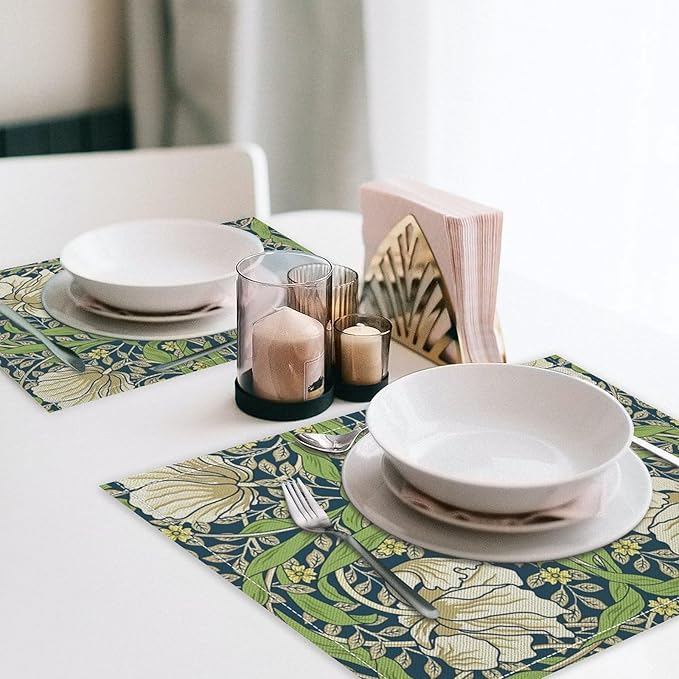 William Morris Flower Placemats Set of 4, Retro Boho Botanical Plant Place Mats, Heat Resistant Non Slip Cotton Linen Dining Table Mats for Home Kitchen Party 18x12 Inch