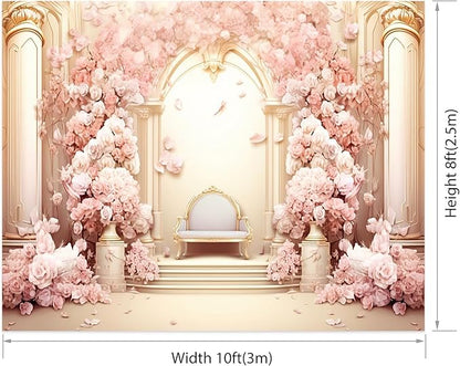 AOFOTO 10x8ft Wedding Backdrop Palace Hall Wall Spring Pink Flower Arch Background for Photography Bridal Shower Prom Decoration Banner Girl Portrait Photo Booth Backdrop