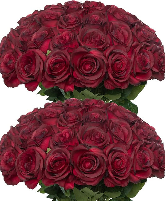 50pcs Artificial Roses Flowers in Bulk,Realistic Silk Fake Rose with Long Stem for Wedding Centerpieces Bouquet Party Floral Arrangement Home Decoration (Burgundy)