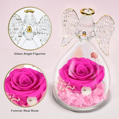 Yamonic Birthday Gifts for Mom,Christmas Angel Figurines with Real Rose Gifts for Her Mom Grandma,Preserved Flowers Rose Glass Angel Figurine for Mothers Day Christmas Birthday Gifts for Her(Hotpink)