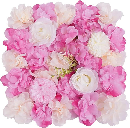 DouSeiAi 12Pcs Artificial Flower Wall Panel 3D Floral Backdrop Walls 15" X 15" Flower Wall Decor Flower Backdrop Faux Flowers Panel for Wedding Party Home Decoration, White/Deep Pink