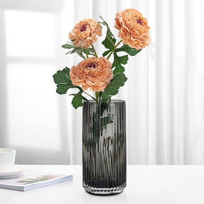 Flower Vase 9.7 inch Grey Thickened Hand Blow Glass Vase Round Vintage Striped Bottles for Bookshelf,Dinner Table,Indoor Office Desktop,Meeting Room,Bathroom,Countertop,Home