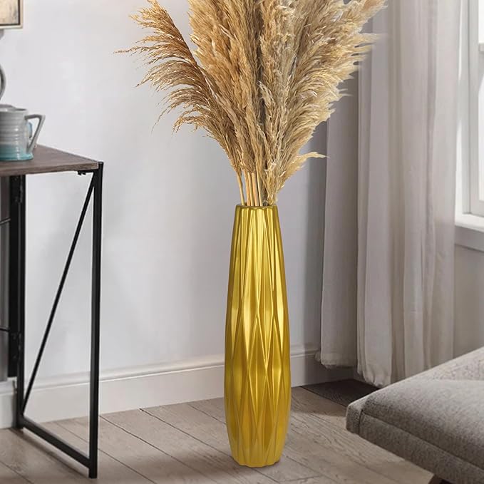 Gold Ceramic Tall Floor Vase,17.7 Inch Large Modern Flower Vases for Home Décor,Wicker Big Floor Vases Decorations for Farmhouse, Living Room,Bedroom,Standing Plastic Vase Decorative Tall