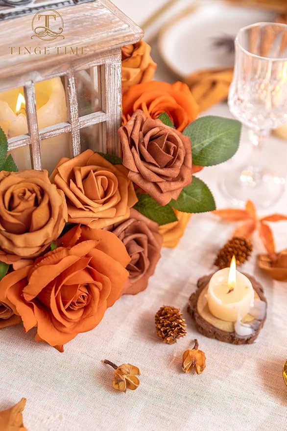 TINGE TIME Artificial Flowers 24pcs Real Looking Silk Flowers Fake Rose with Stems for DIY Wedding Bouquets Burnt Orange Bridal Shower Centerpieces Party Decorations (Maple Red A)