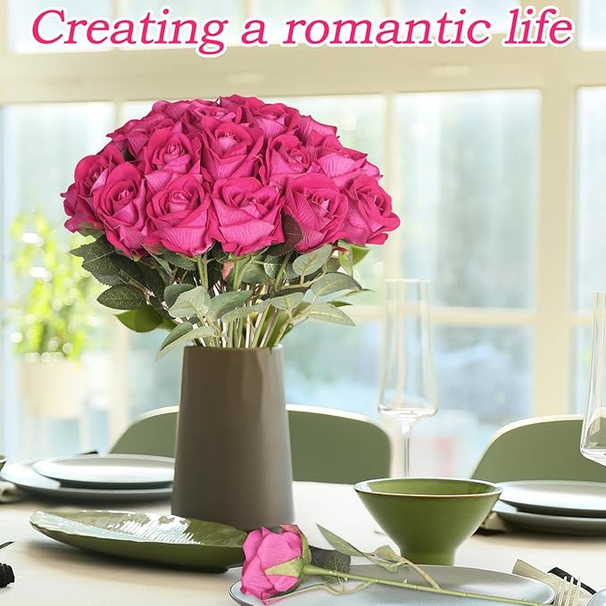30pcs Silk Roses Artificial Flowers Hot Pink Fake Rose with Long Stem for Arrangement Wedding Party Home Decoration