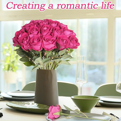 30pcs Silk Roses Artificial Flowers Hot Pink Fake Rose with Long Stem for Arrangement Wedding Party Home Decoration