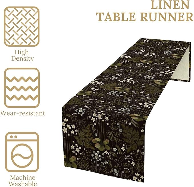 Forest Plant Table Runner, Rustic Field Wild Flower Herbal Fern Vintage Farmhouse Natural Floral Table Runner for Home Party Decor, 13x60inch