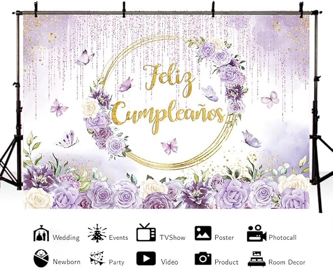 MEHOFOND Feliz cumpleaños Birthday Backdrop Purple Floral Butterfly Baby Shower Party Decorations Baby Girl's Watercolor Floral Glitter Drops Decorations Supplies Banner Photo Booth Studio Prop