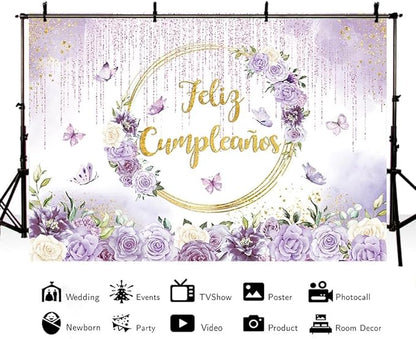 MEHOFOND Feliz cumpleaños Birthday Backdrop Purple Floral Butterfly Baby Shower Party Decorations Baby Girl's Watercolor Floral Glitter Drops Decorations Supplies Banner Photo Booth Studio Prop