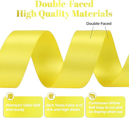 Lemon Yellow Satin Ribbon, Double Faced 1 Inch X 50 Yards Lemon Yellow Ribbon, Premium Satin Ribbon for Gift Wrapping, Crafts, Hair Bow Making, Sewing, Flower Bouquet, Wedding Party Decor