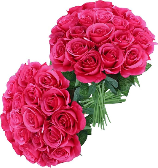 30pcs Roses Artificial Flowers Real Touch Fake Flowers with Long Stems Silk Flowers for Wedding Bouquet Centerpices Decorations Party Bridal Baby Shower Home Decor (Hot Pink)