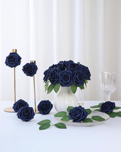 DuHouse 50Pcs Artificial Roses Flowers Fake Roses with Stems Real Touch Foam Flowers for DIY Wedding Bouquet Baby Shower Centerpiece Floral Arrangement Party Home Decor(Navy Blue)