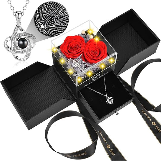 2 Preserved Rose Gift for Women - Eternal Rose with I Love You Necklace - Romantic Birthday Gifts for Girlfriend Mom Her Wife Grandma on Valentines Mothers Day Anniversary Christmas-Red