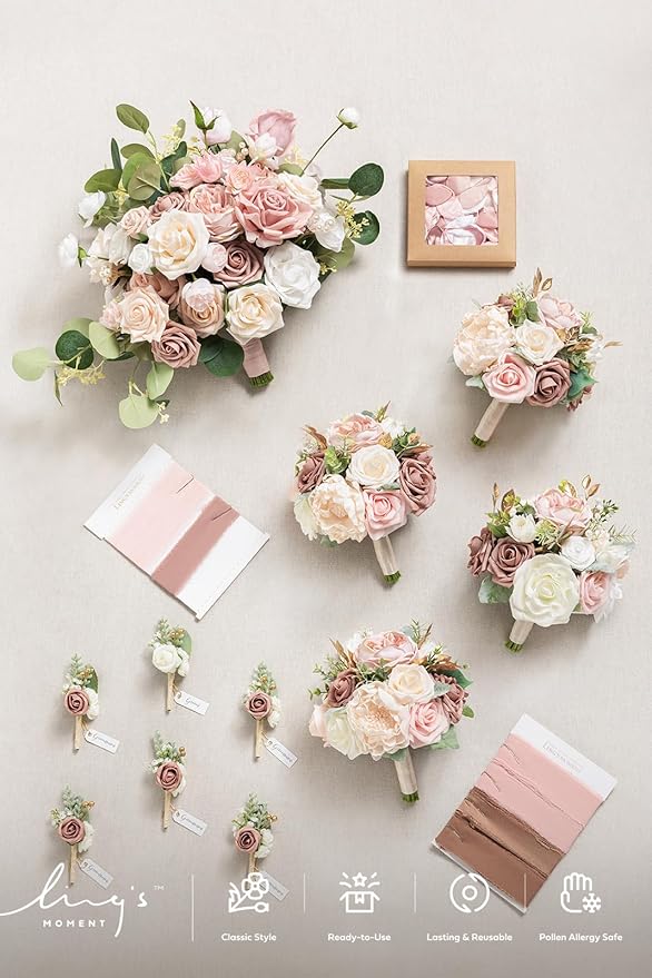 Ling's moment Wedding Artificial Flowers Package, Bridal Bouquet, Bridesmaid Bouquets, Boutonniere for Men, Rose Petals.Dusty Rose Cream