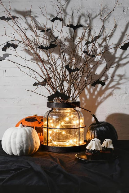 Vintage Farmhouse Lantern Decor LED Lighted Vase, Rustic Glass Vase with Artificial Flowers 4pcs Lavenders & Eucalyptus, Farmhouse Table Centerpiece for Floral Arrangements-Hidden Switch Lid