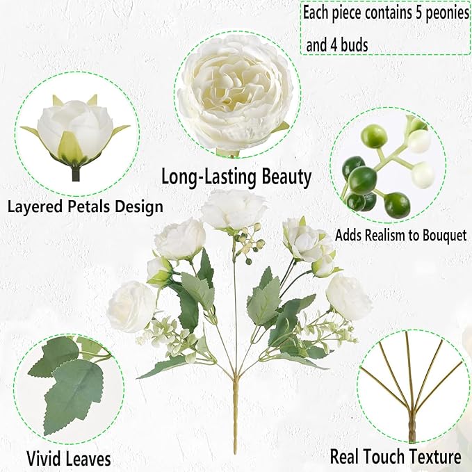 12 Bundles Peonies Artificial White Flowers Bouquet, Lifelike Silk Fake Peonies with Stems for Home Table Centerpieces, Wedding, Party & DIY Bridal Floral Arrangements (White)
