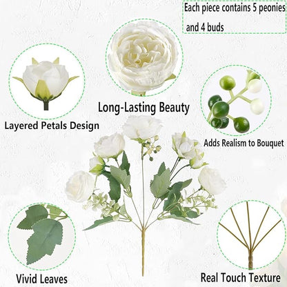 12 Bundles Peonies Artificial White Flowers Bouquet, Lifelike Silk Fake Peonies with Stems for Home Table Centerpieces, Wedding, Party & DIY Bridal Floral Arrangements (White)