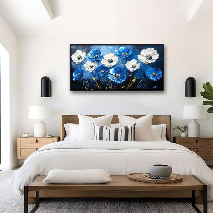 Poppy Large Wall Art Framed Blue Flower Wall Decor for Living Room, Poppies Pictures Oversized Canvas Print Painting Modern Extra Large Framed Artwork for Bedroom Office Home Decor 60"x30"