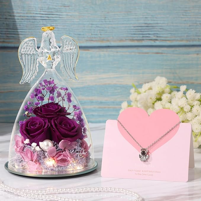 ANWEAO Preserved Flowers Birthday Gifts for Her Preserved Real Rose in Angel Glass Crystal Angel Figurines for Her Ideal Birthday,Mother's Day,Wedding,Valentine's,Thanksgiving Day,Christmas