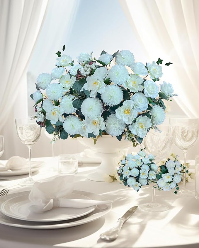Premium Artificial Flowers, White Silk Flower Bouquets, Ivory Fake Flowers Decoration, Faux Floral Arrangements for Wedding Bridal Bouquets, Home Decor, Baby Shower, Table Centerpieces